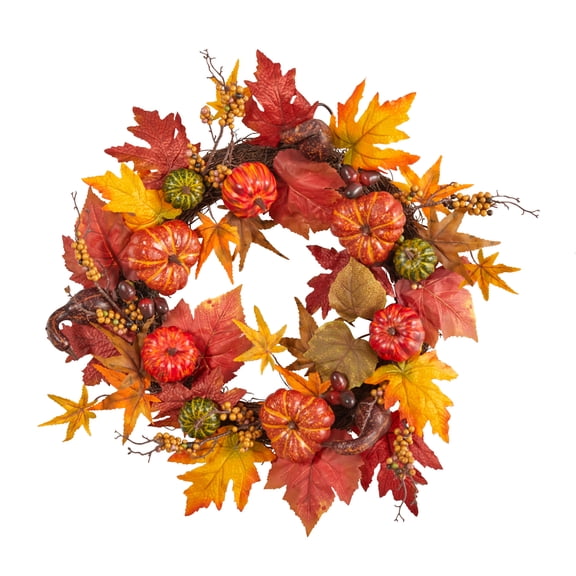 Nearly Natural Plastic Thanksgiving Autumn Artificial Fall Wreath, with Pumpkin Berries 24" (Orange)