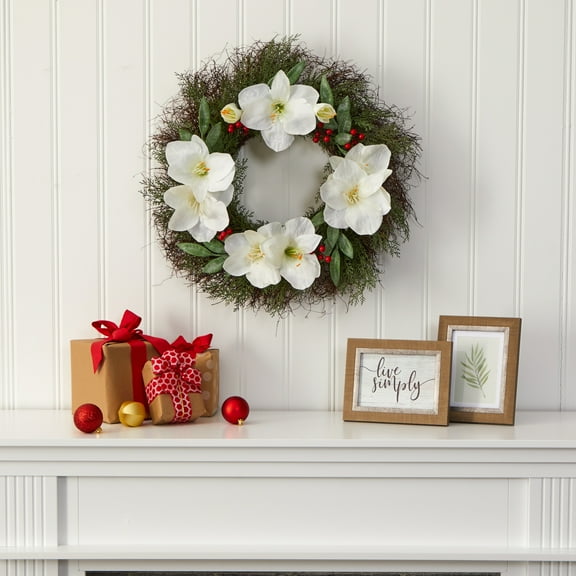 Nearly Natural 20" CedarAmaryllis & Ruscus w/Berries Artificial Wreath in Green