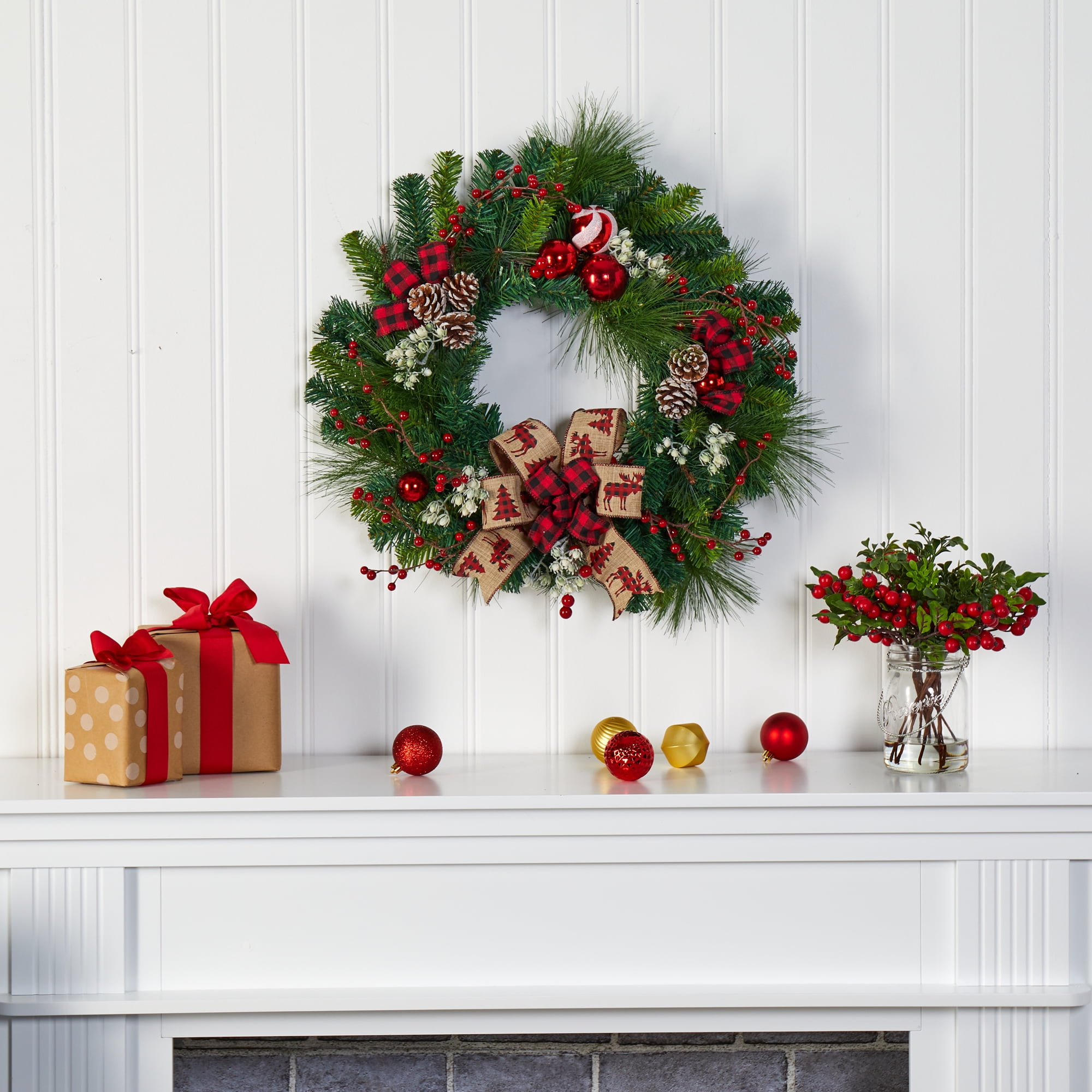 Nearly Natural 24" Christmas Pine Artificial Wreath w/Ornaments in Green