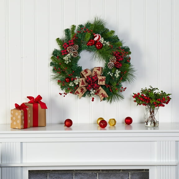 Nearly Natural Plastic Wreath, 24" (Assorted Colors)