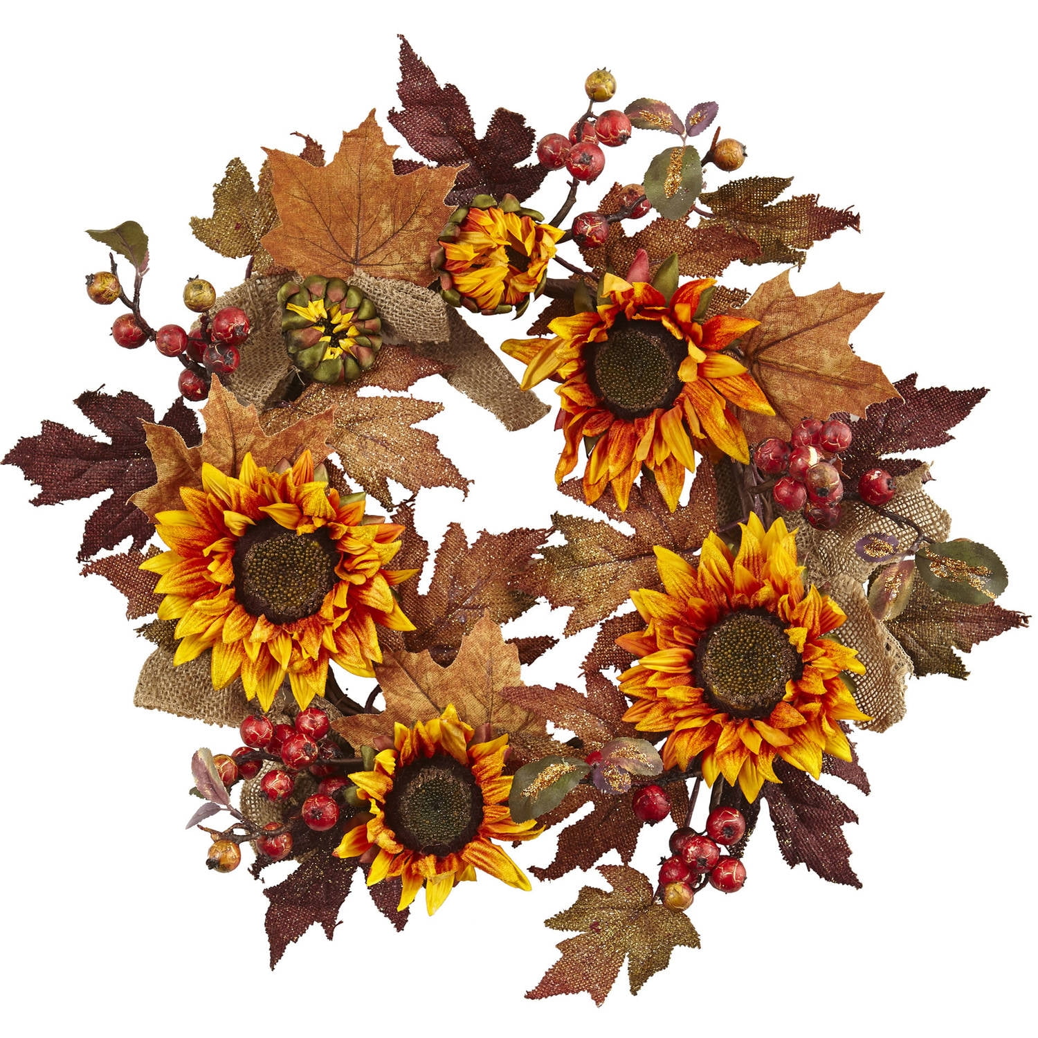 Nearly Natural 24" Sunflower & Berry Wreath in Orange