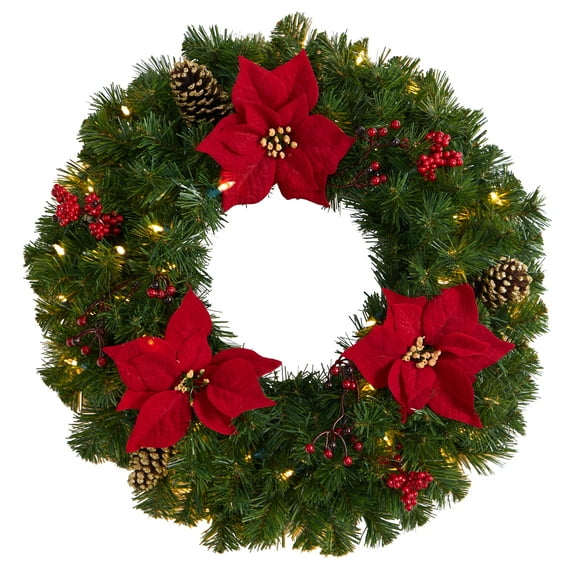 Nearly Natural Poinsettia Berry Pinecone PVC White Prelit LED Battery Operated Wreath, 24" (Green)