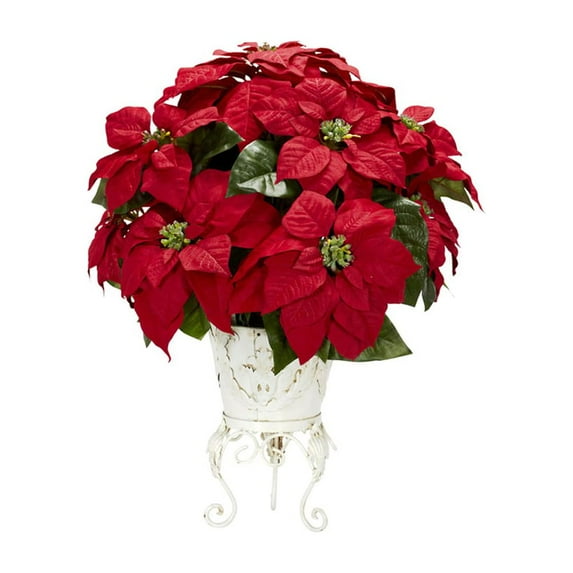 Nearly Natural Poinsettia with Metal Planter Silk Flower Arrangement