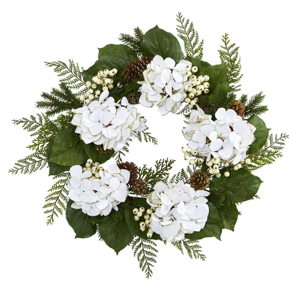 Nearly Natural 24" Gold Trimmed Hydrangea & Berry Wreath in White