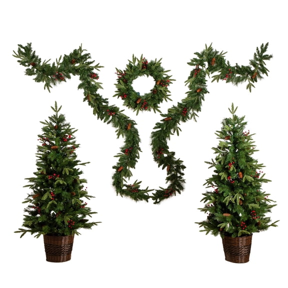 Nearly Natural Pre-Lit Artificial Christmas Holiday 5 Piece Bundle with Pinecones & Berries - Set of 2 5ft. Christmas Trees, 24in. Wreath and set of 2 9ft. Garlands
