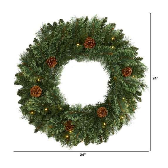 Nearly Natural 24in. White Mountain Pine Artificial Christmas Wreath with 35 LED Lights and Pinecones