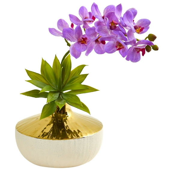 Nearly Natural Purple Phalaenopsis Orchid and Agave Artificial Flower Arrangement in Vase
