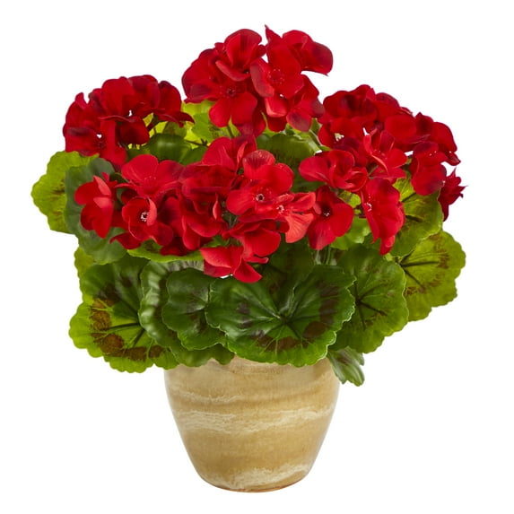 Nearly Natural Red 11" Geranium Artificial Plant in Ceramic Planter UV Resistant