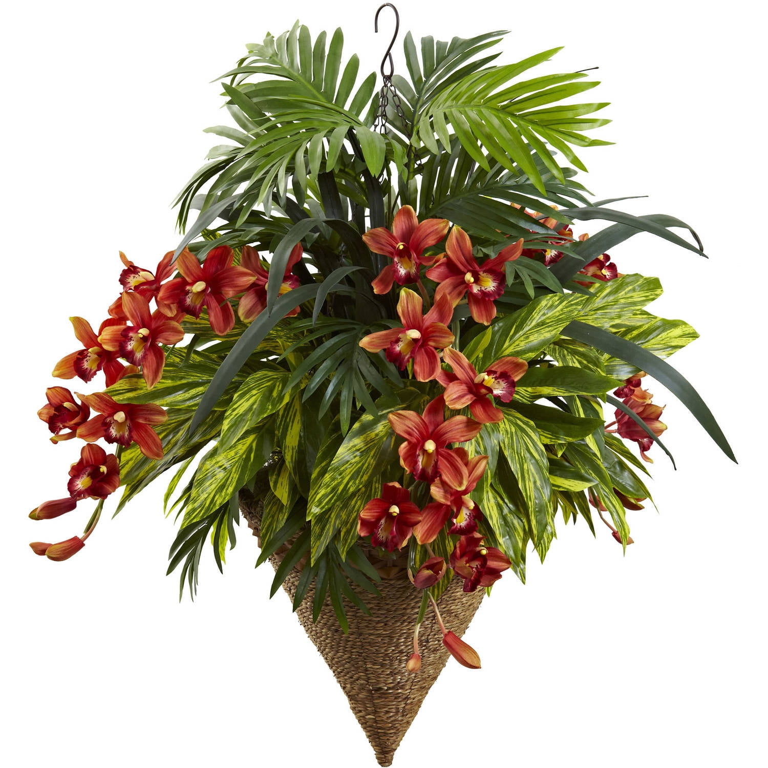 Nearly Natural Red and Green Plastic Mixed Tropical and Cymbidium Hanging Planter