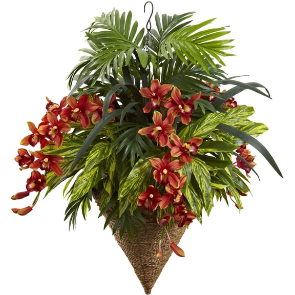 Nearly Natural Red and Green Plastic Mixed Tropical and Cymbidium Hanging Planter