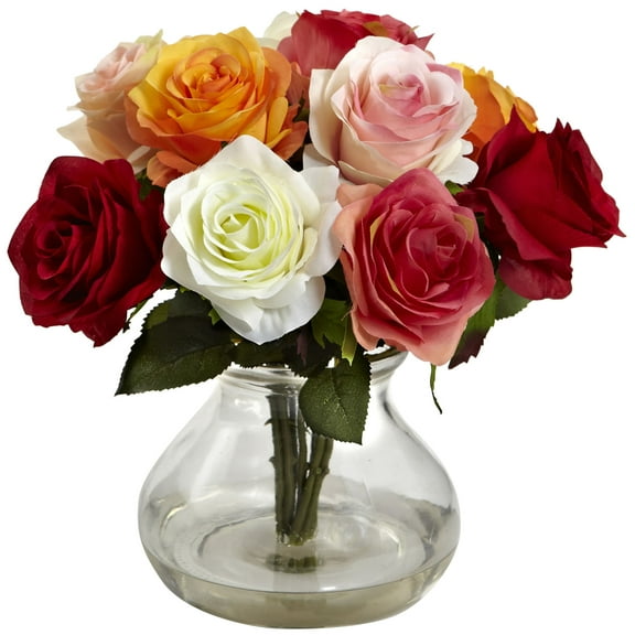 Nearly Natural Rose Arrangement Artificial Flowers with Vase, Multi-color