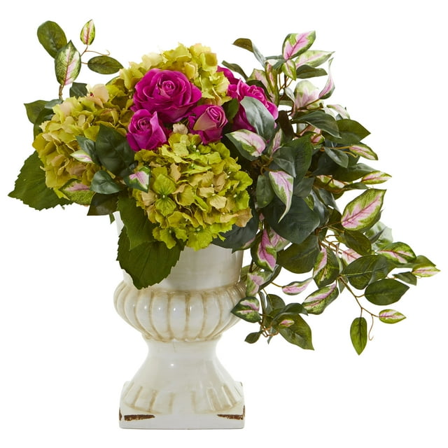 Nearly Natural Rose, Hydrangea and Hoya Artificial Arrangement in Ceramic Urn