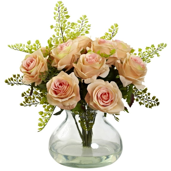 Nearly Natural Rose & Maiden Hair Artificial Arrangement with Vase, Peach