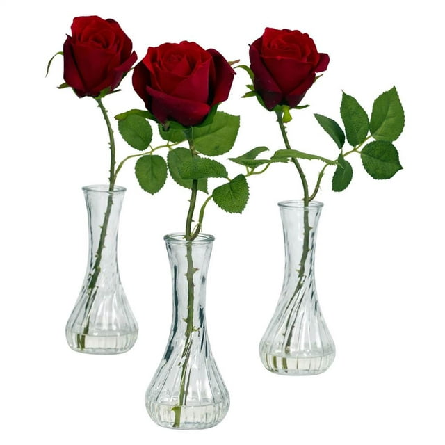 Nearly Natural Rose with Bud Vase, Red, 3pc