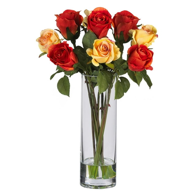 Nearly Natural Roses Artificial Flower Arrangement with Glass Vase, Multicolor