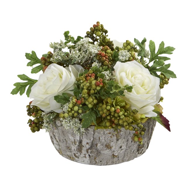 Nearly Natural Roses Bouquet Artificial Arrangement in Oak Vase