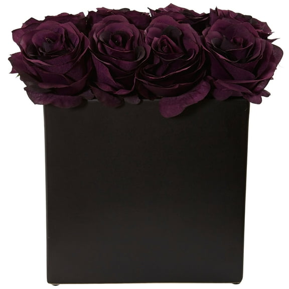 Nearly Natural Roses Silk Arrangement in 9"H Black Vase