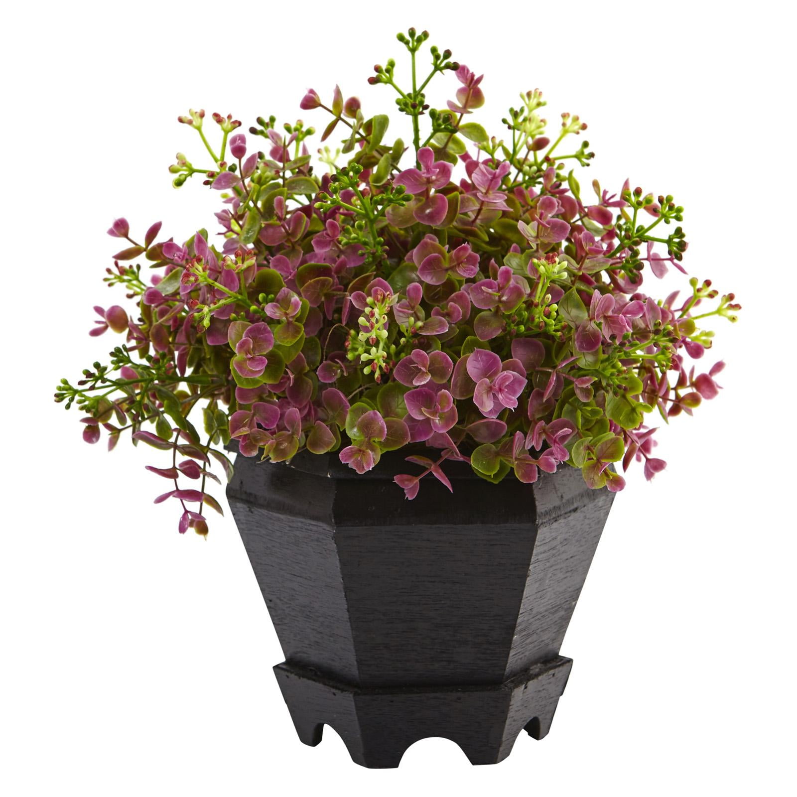 13'' Purple and Green Faux Eucalyptus and Sedum Plant in Black Planter