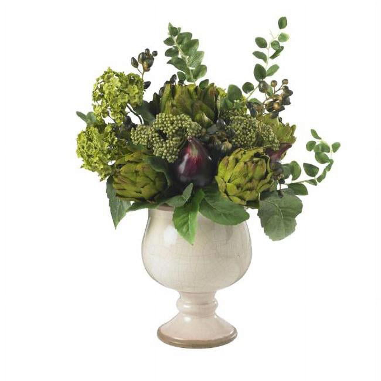 Green and Cream Silk Hydrangea and Artichoke Tabletop Centerpiece
