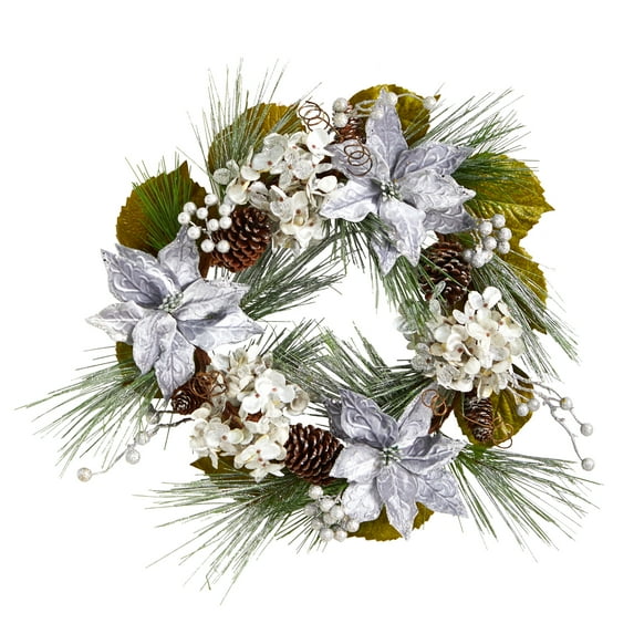 Nearly Natural Silver Poinsettia Hydrangea Plastic Unlit Wreath, 24" (Multicolor)