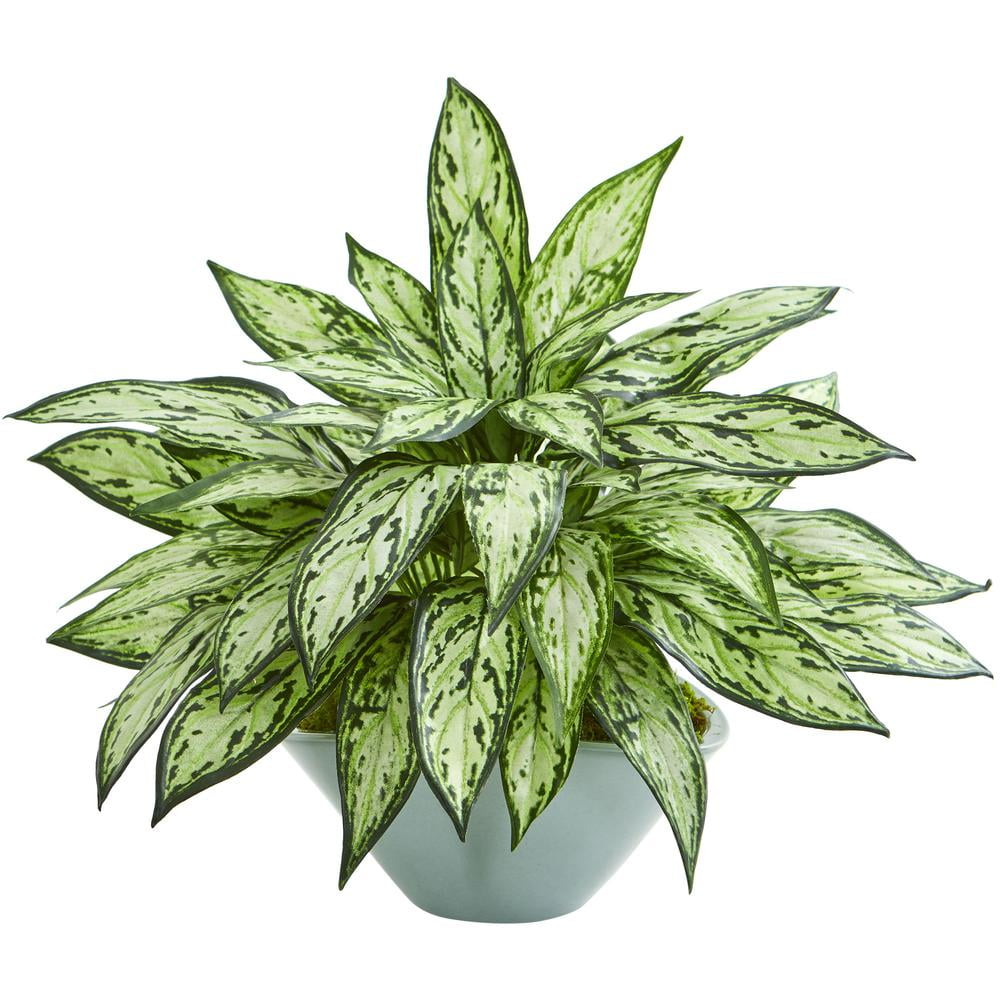 16-Inch Variegated Green Aglaonema Faux Plant in Green Vase