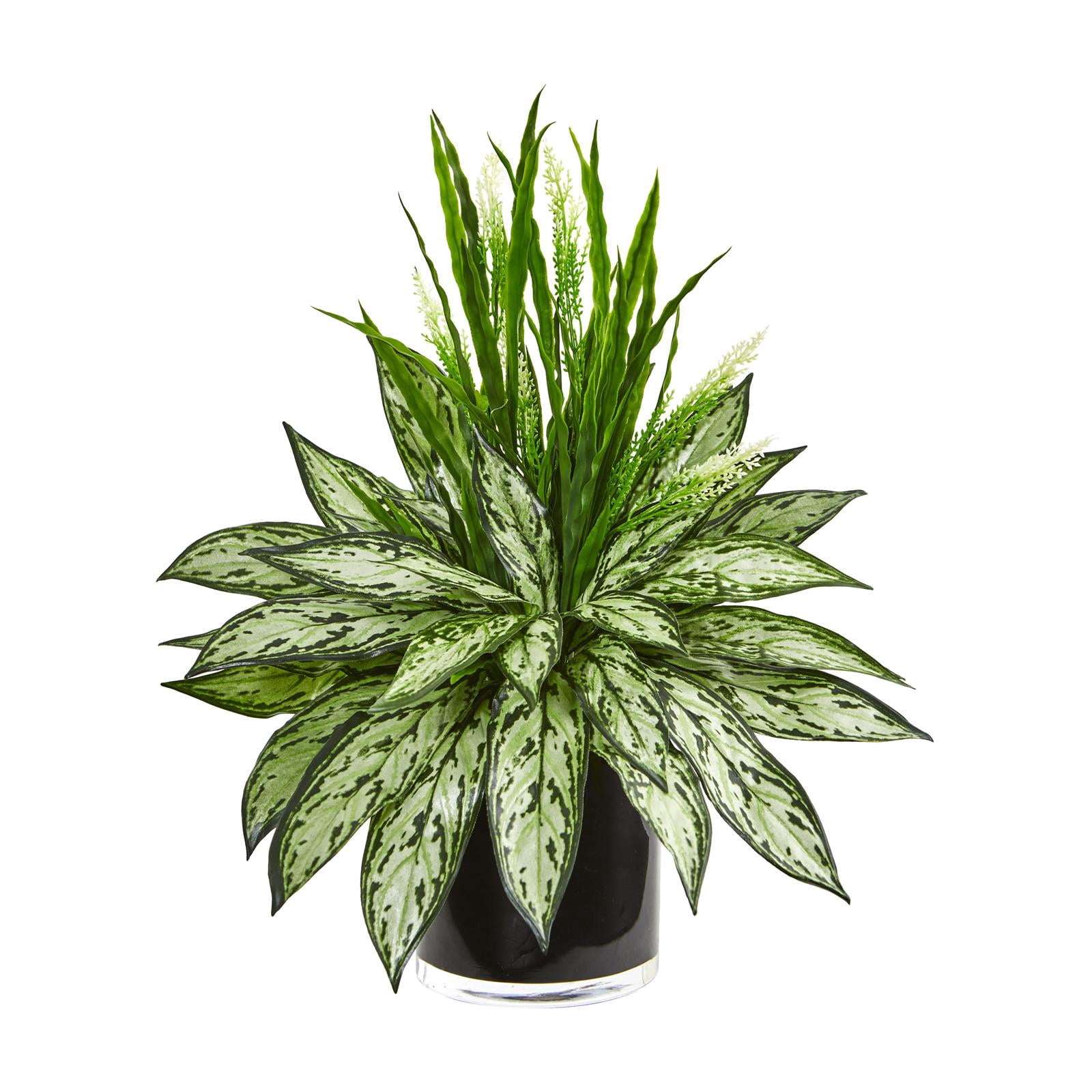 Nearly Natural Silver Queen and Grass Artificial Plant in Black Vase