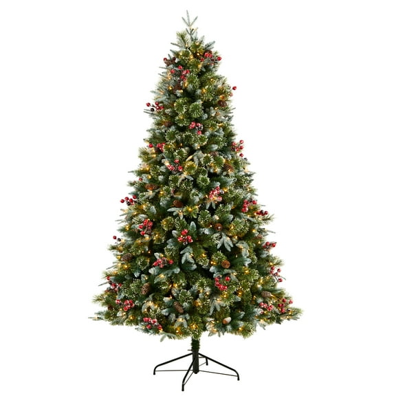 Nearly Natural Snow Tipped Aspen Clear Prelit LED Green Decorated Spruce Christmas Tree, 7.5'