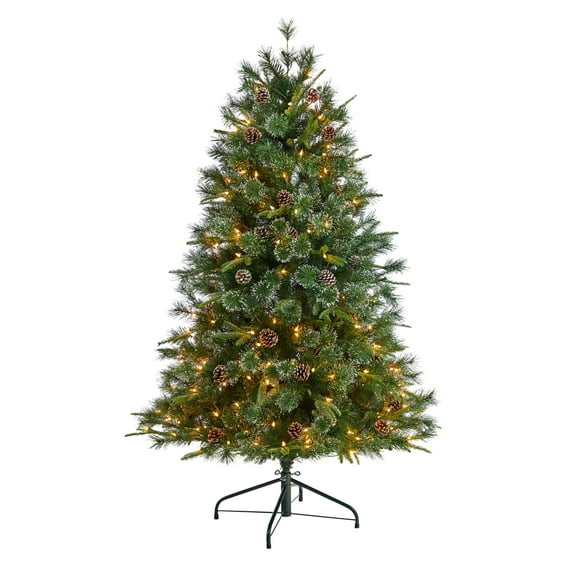 Nearly Natural Snowed Tipped Clermont Mixed Pine Artificial Christmas Tree with Clear Lights, Pine Cones and Bendable Branches-Size:48 inch