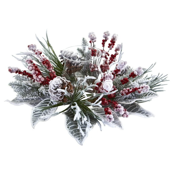 Nearly Natural Snowy Magnolia Berry Artificial Flower Arrangement Candelabrum, White