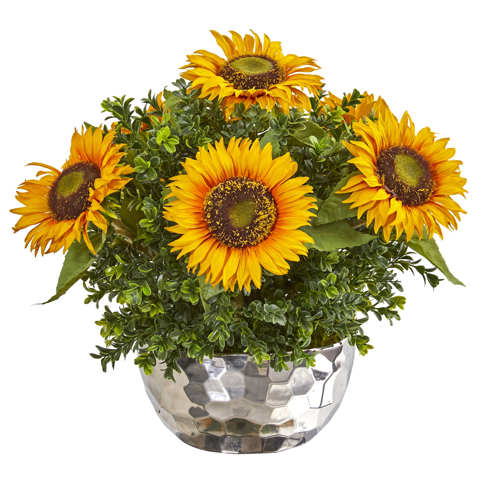 Nearly Natural Sunflower Artificial Arrangement in Silver Vase, Yellow, image size:2000x2000