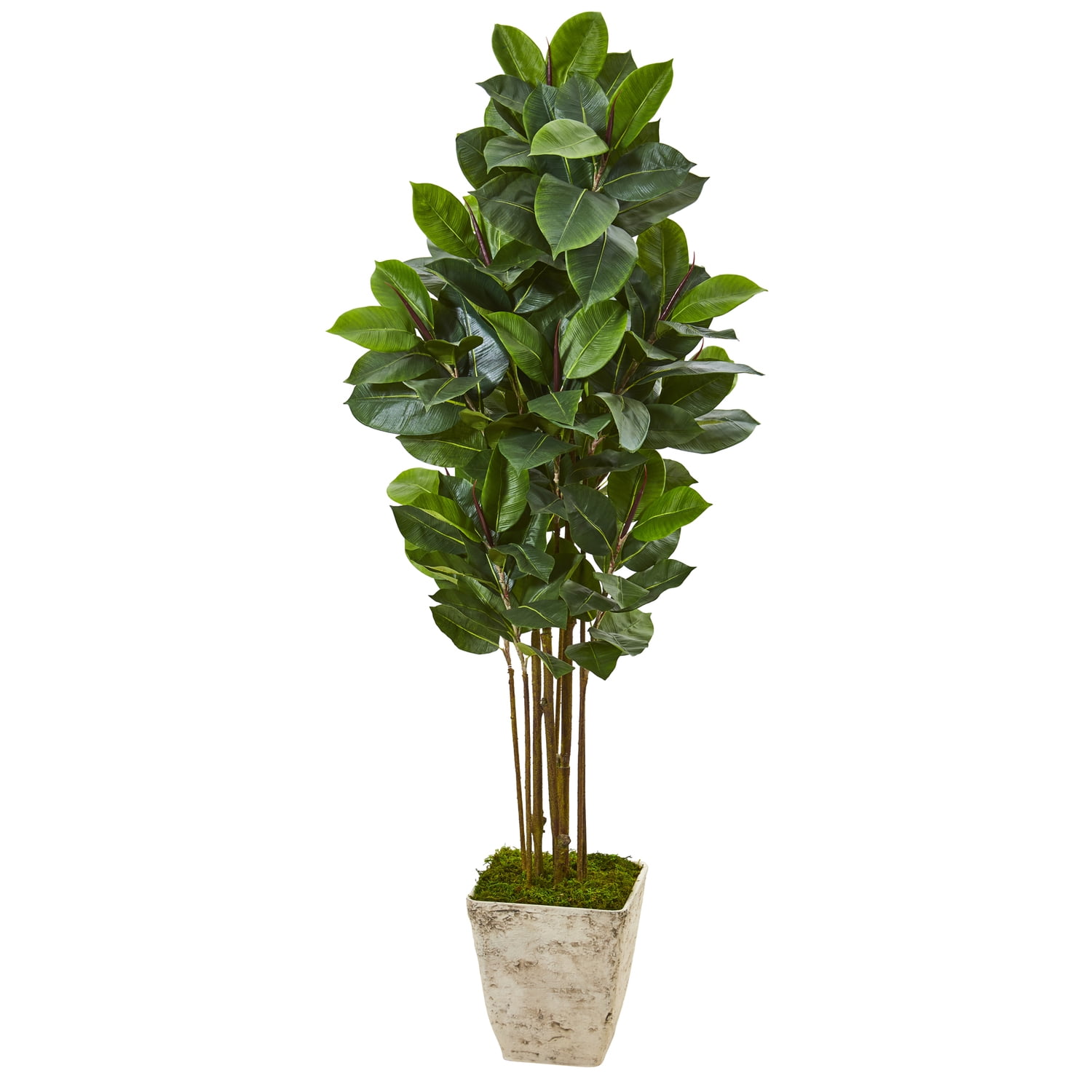 63" Green Faux Rubber Leaf Tree in Weathered White Planter