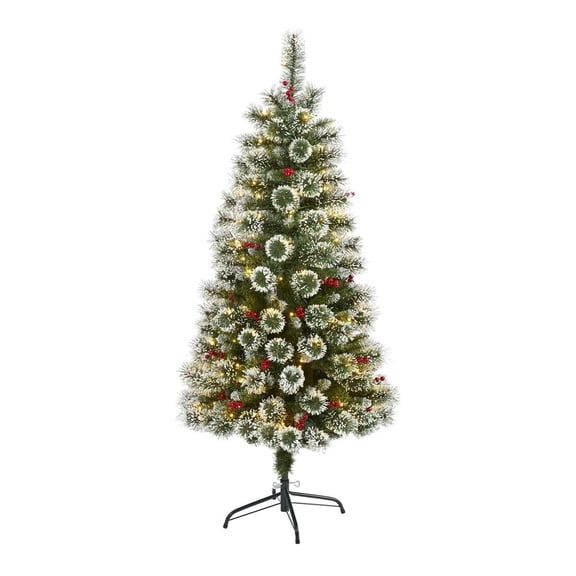 Nearly Natural 5ft. Frosted Swiss Pine Artificial Christmas Tree with 200 Clear LED Lights and Berries