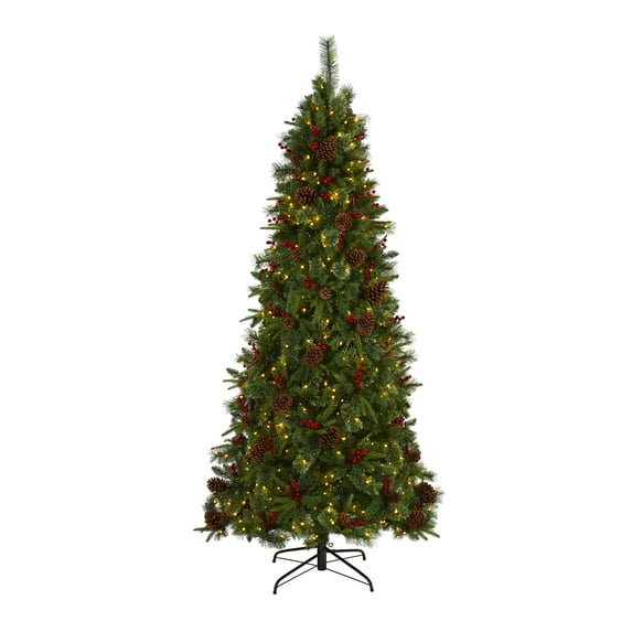 Nearly Natural T1676 7.5 ft. Norway Mixed Pine Artificial Christmas Tree with 450 Clear LED Lights, Pine Cones & Berries