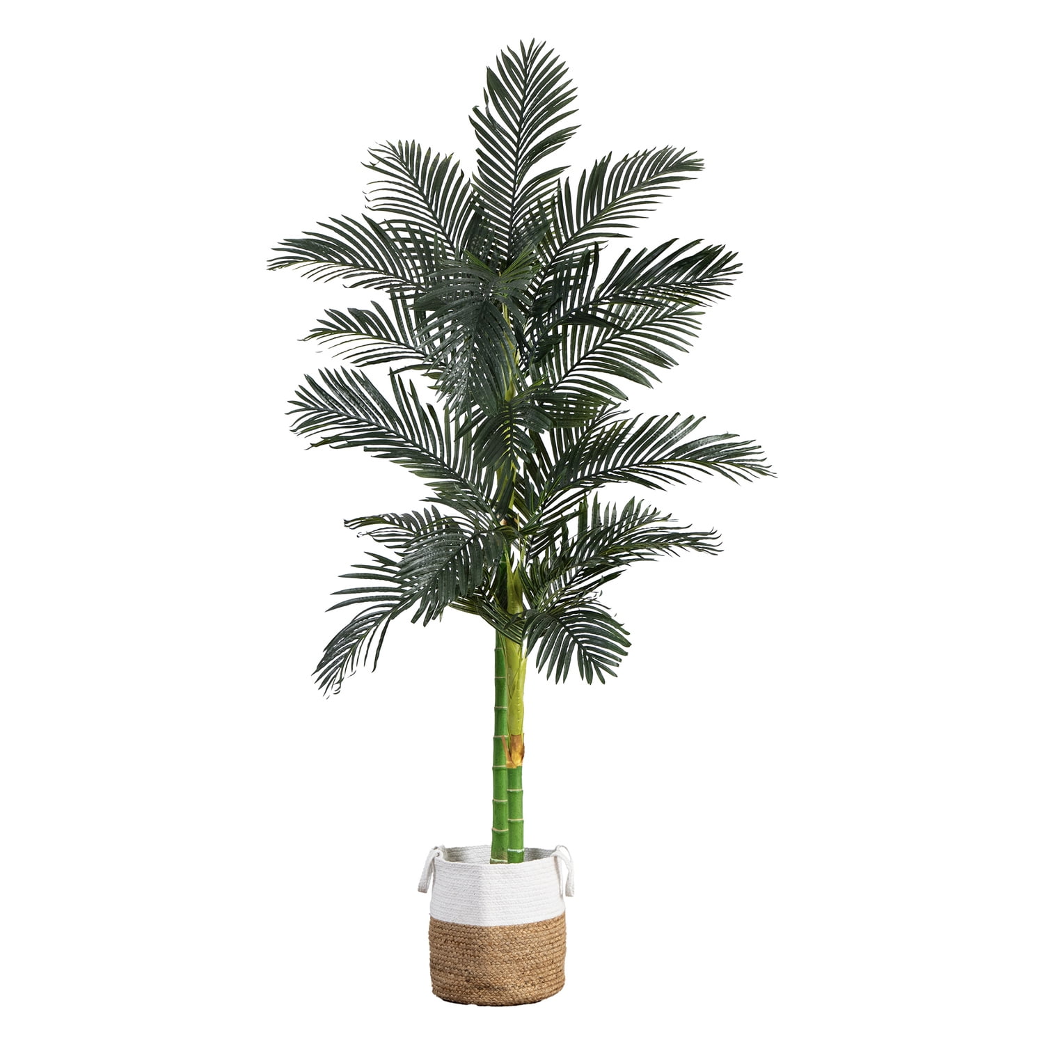 8ft Green Faux Palm Tree in White and Brown Cotton Planter
