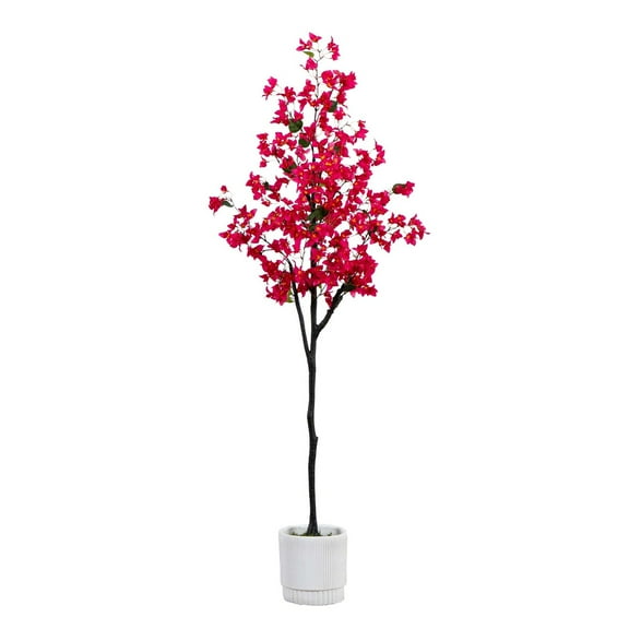 Nearly Natural Bougainvillea Artificial Floral Tree with White Planter - 6' - Pink