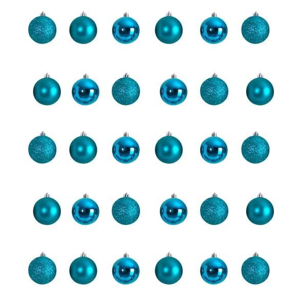 Nearly Natural Teal Plastic Holiday Christmas 2.5" Shatterproof Ornament Set, 30 Count