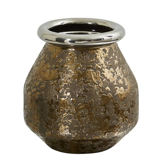 Nearly Natural Traditional 9.5" Textured Bronze Vase with Silver Rim
