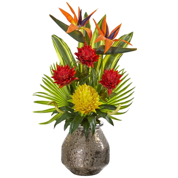 Nearly Natural Tropical Inspired Artificial Flower Arrangement in Designer Vase