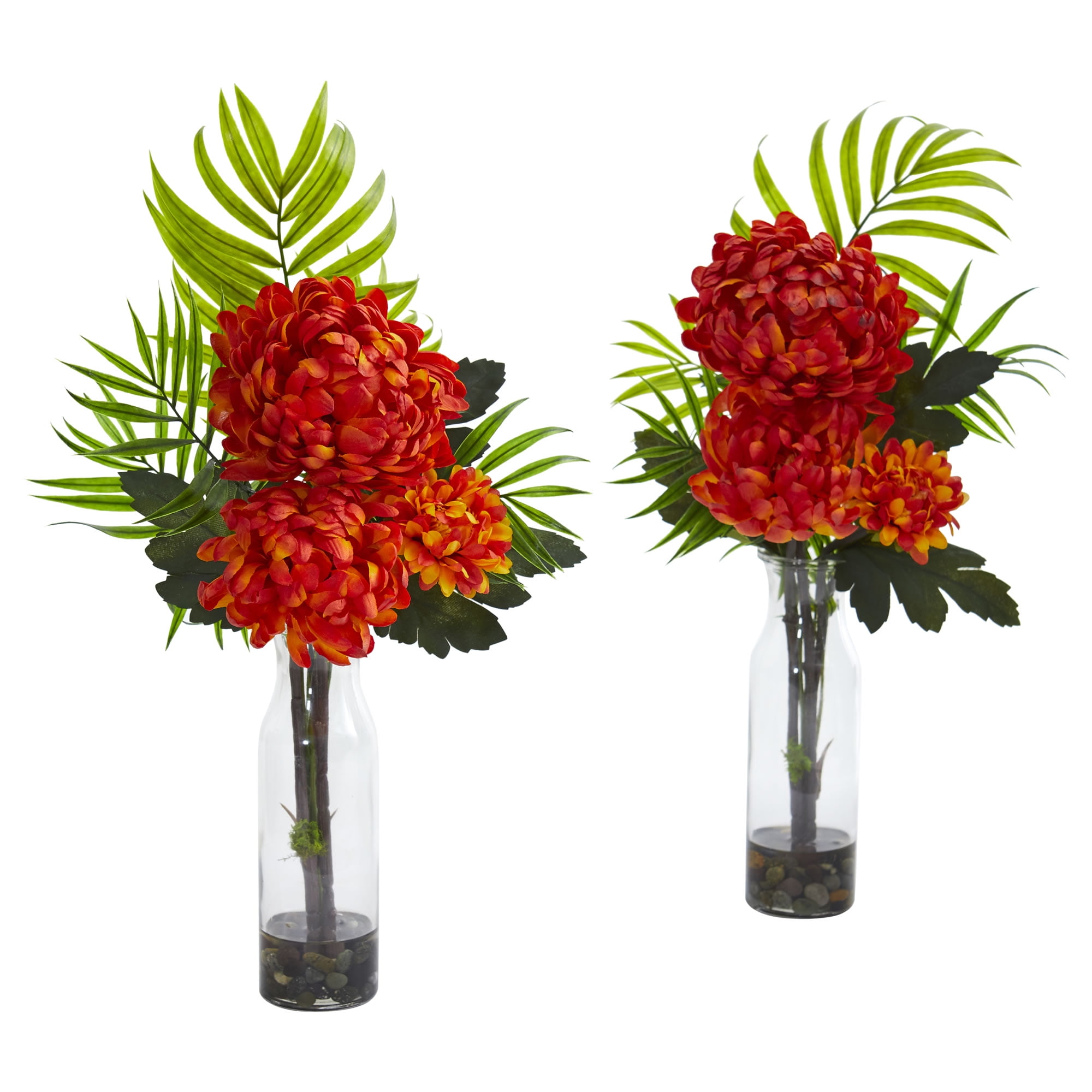 Nearly Natural Tropical Mum Artificial Flower Arrangement (Set of 2), Orange