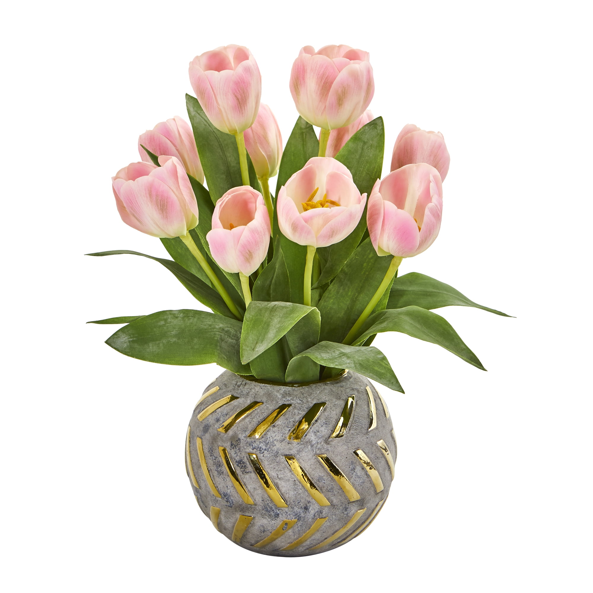 Nearly Natural Tulip Artificial Arrangement in Decorative Vase, Pink