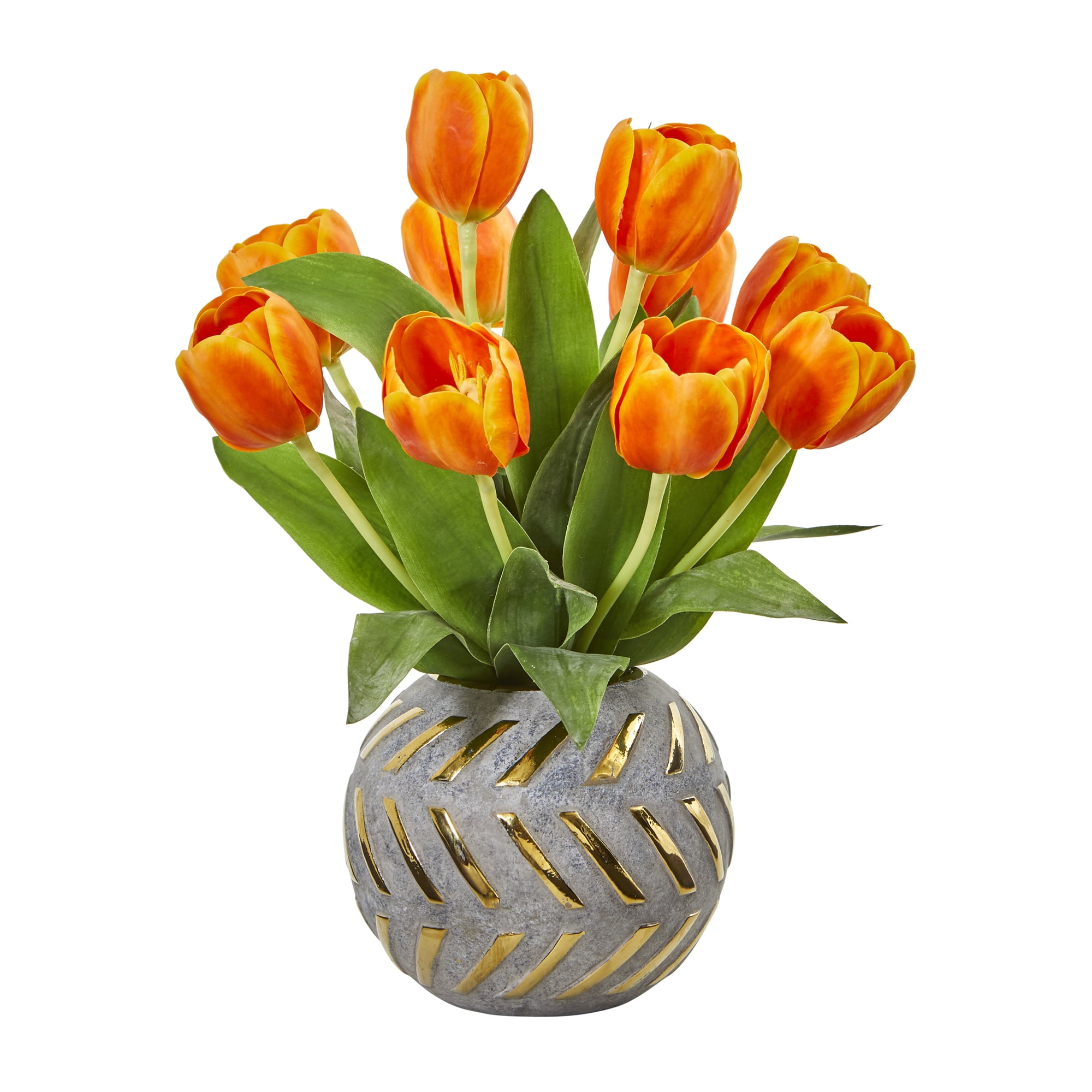 Nearly Natural Tulip Artificial Flowers in Decorative Vase, Orange
