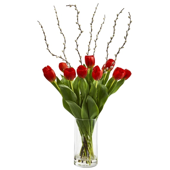 Nearly Natural Tulips Artificial Arrangement in Cylinder Vase