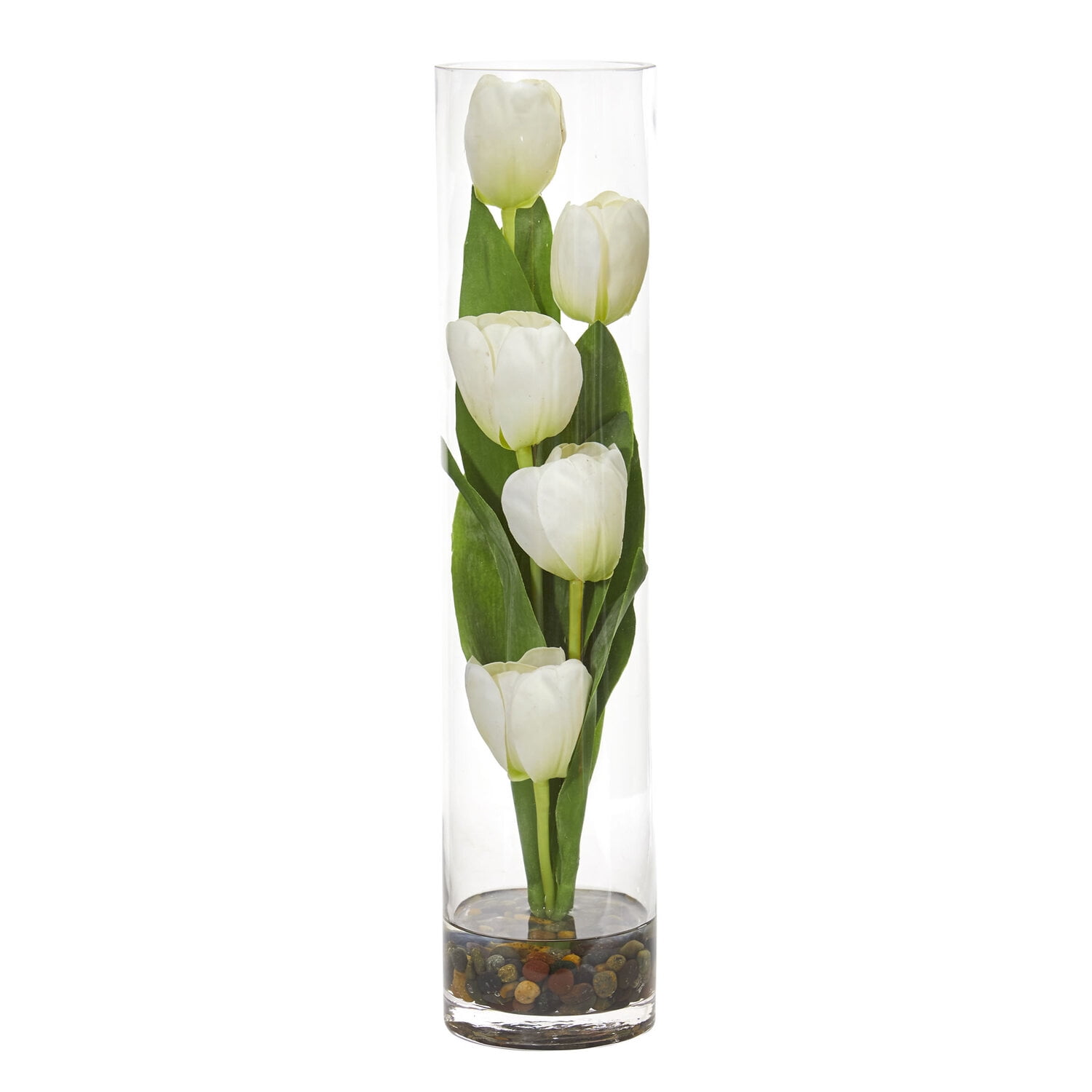 White Silk Tulips Artificial Arrangement in Tall Glass Vase