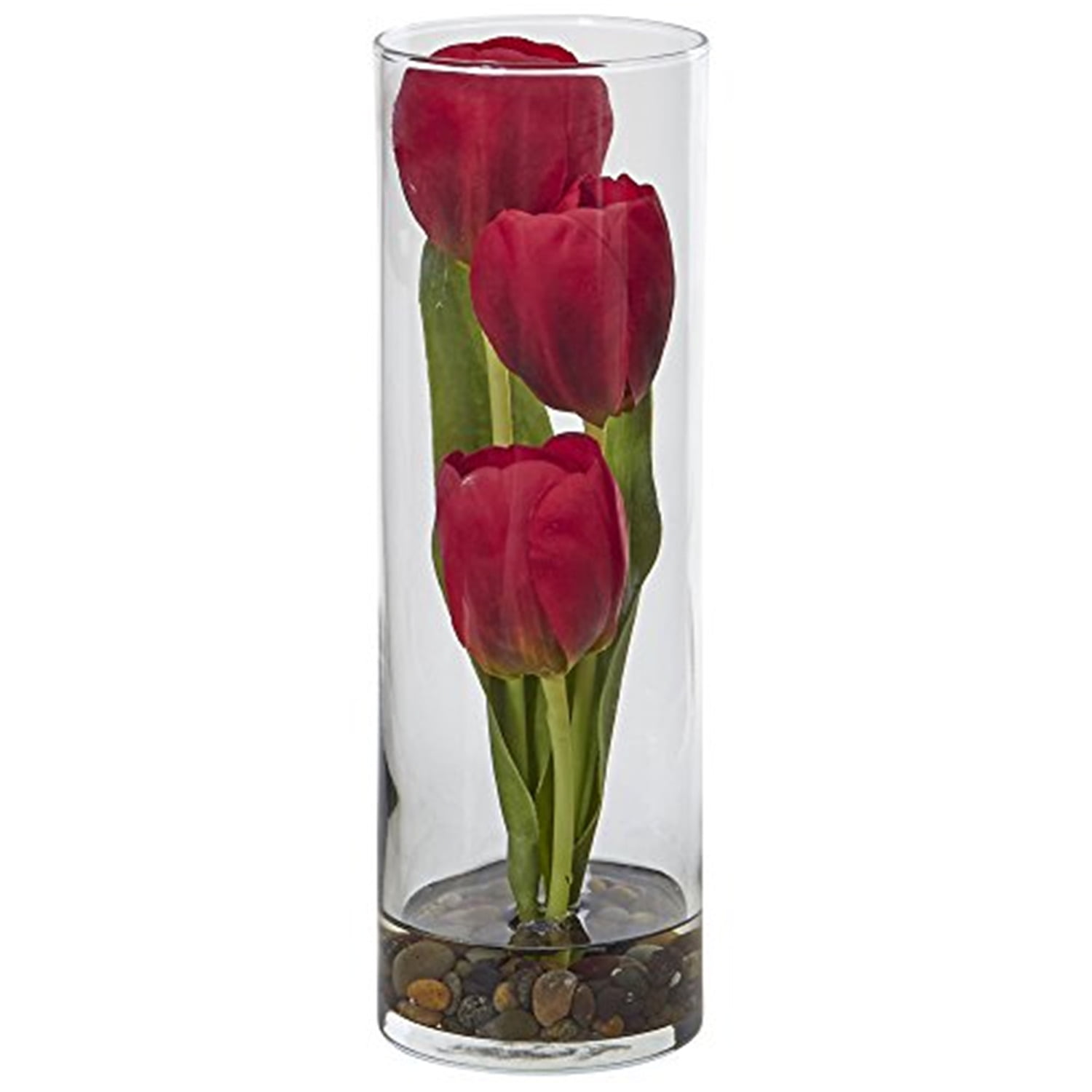 Red Silk Tulip Arrangement in Glass Cylinder Vase
