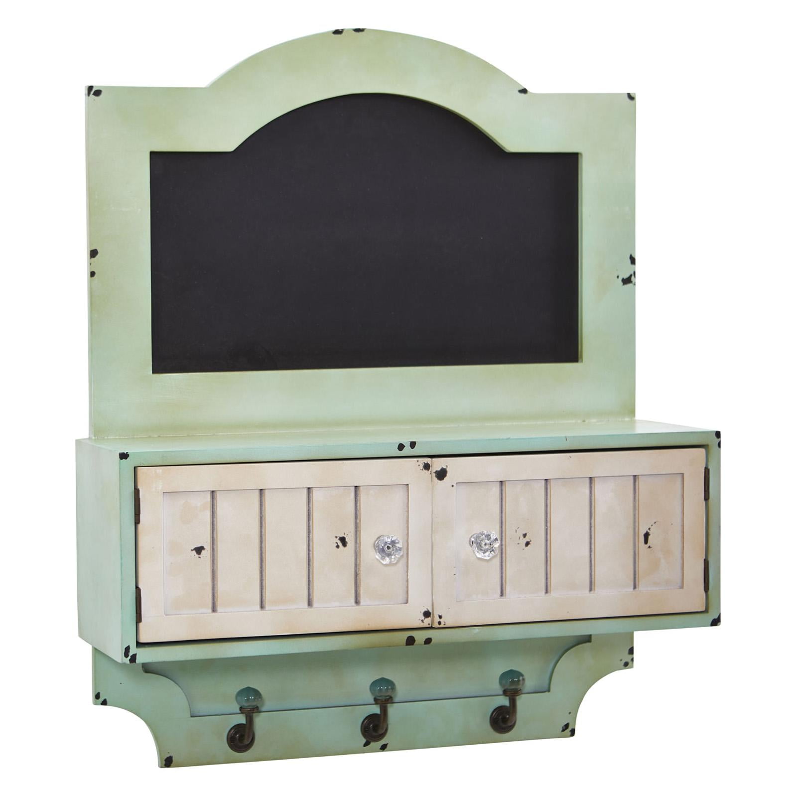 Vintage Light Green Chalkboard Wall Organizer with Hooks and Doors