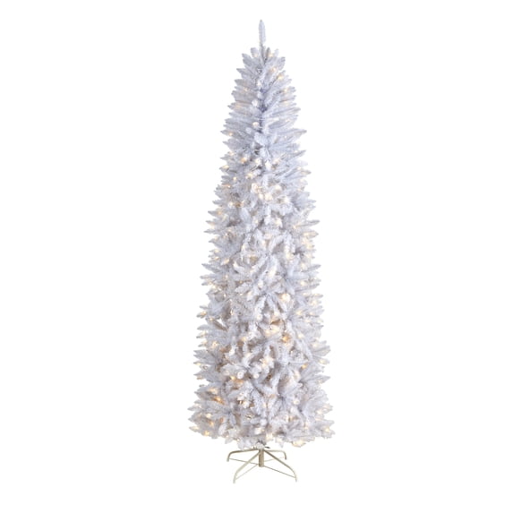 Nearly Natural Warm White Prelit LED White Decorated Slim Christmas Tree, with 1348 Bendable Branches 8'