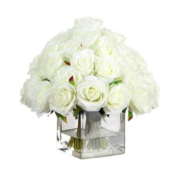 Nearly Natural Wedding Collection 13in. Artificial Rose Arrangement in Glass Vase