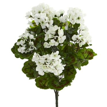 Nearly Natural White Geranium Artificial Flower Bush, UV Resistant, Set of 3