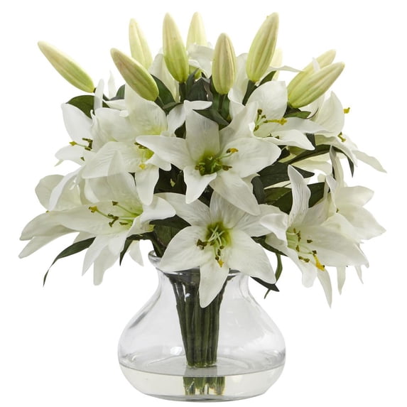 Nearly Natural White Lily Artificial Flower Arrangement with Vase