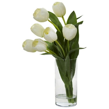 Nearly Natural White Tulip Artificial Flower Arrangement in Cylinder Vase